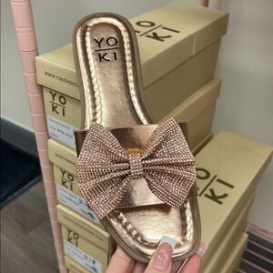 Yoki Metallic Rose Gold Slide Sandals with Rhinestone Bow